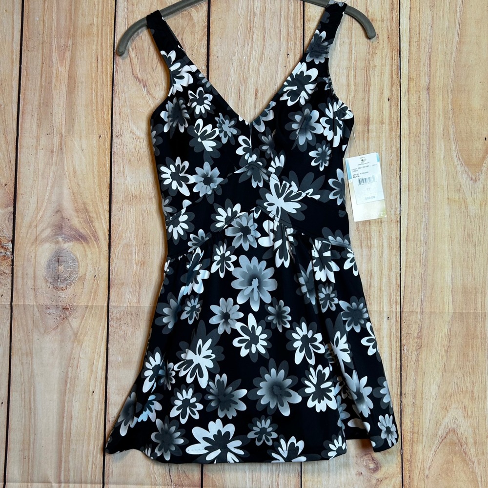 New Le Cove Swimdress Women Size 12 Black Floral V-Neck One Piece Modest Retro